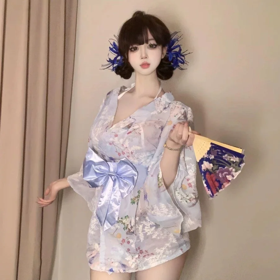 The New Style of Atmosphere, Sweet Bow, Sexy Printed Embroidery Kimono, Bathrobe, Chiffon Nightgown, Sexy Lingerie, Women