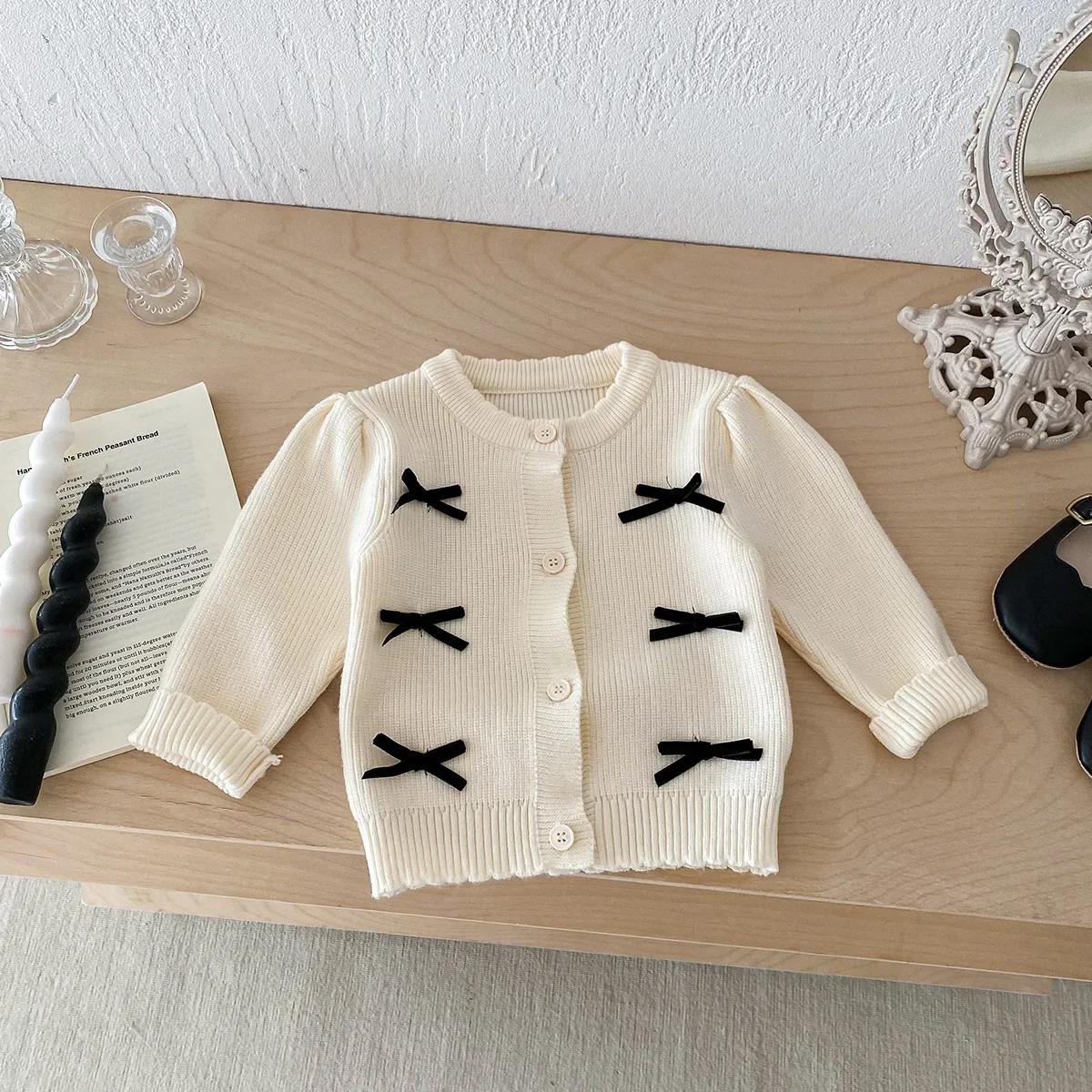 Conjunto de dos piezas de cárdigan de punto para niña, suéter de moda para bebé, abrigo con lazo, pelele, otoño e invierno, 2024