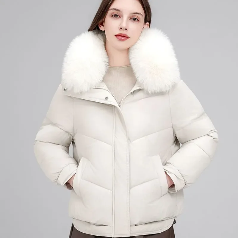 Winter Short Puffer Jacket Women Faux Fox Fur Collar Thick Warm Quilted Coat Casual Loose Parka Outerwear Ladies Cold Weather