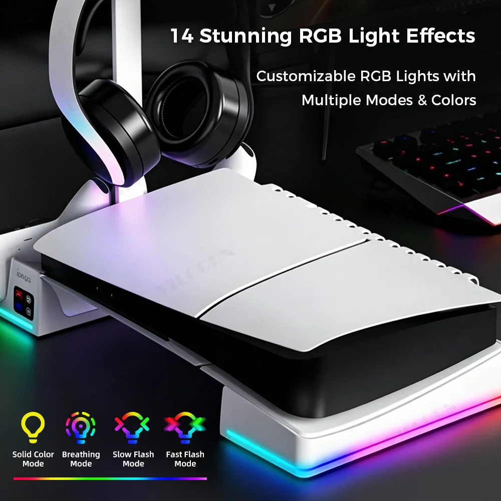 Horizontal Cooling Stand for PS5 Slim PS5 Pro Base Accessorie with Controller Station Headset Holder USB3 Hub All-in-one Storage