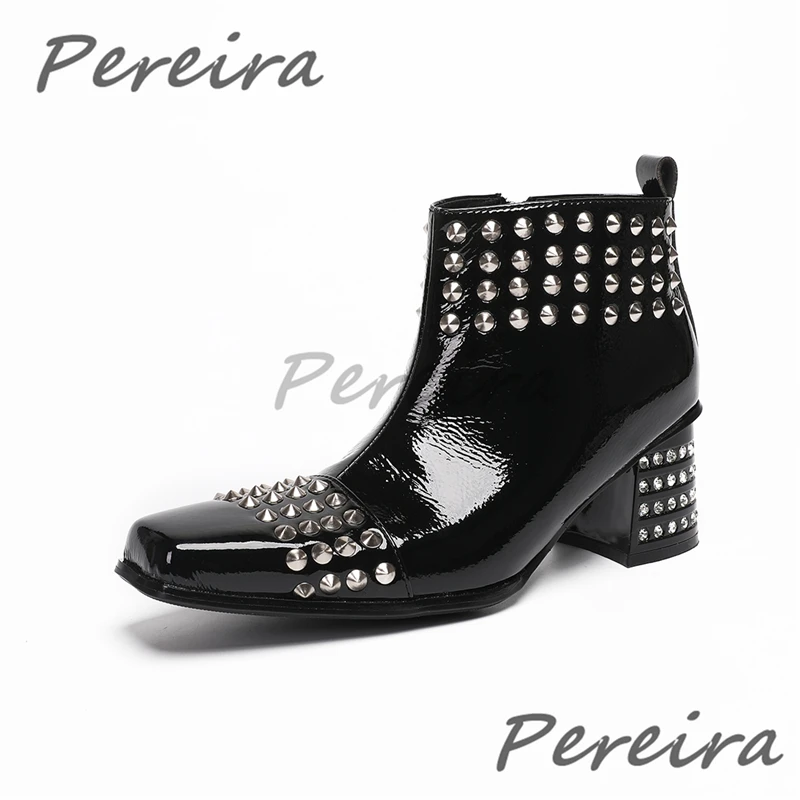 Luxury Men Black Patent Leather Ankle Boots Punk Rivets Rhinestone Block Heel Chelsea Boots Fashion Prom Party Dress Shoes