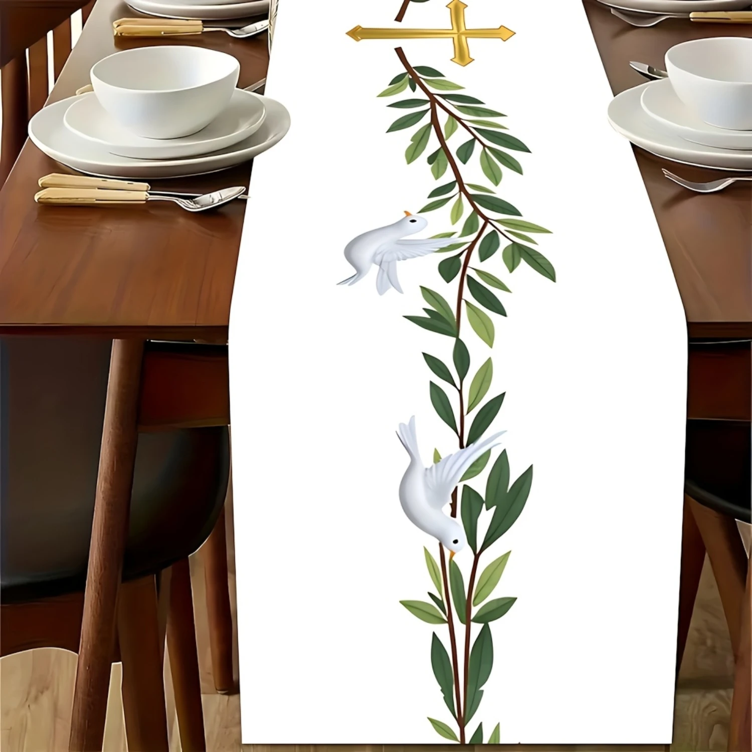 2026 Religious Cross And Dove Print Table Runner, Peaceful Olive Branch Style Decorative Runner For Church Events, Communion And
