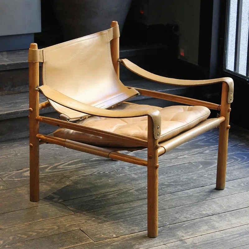 Saddle leather sofa chair, solid wood single casual sofa chair