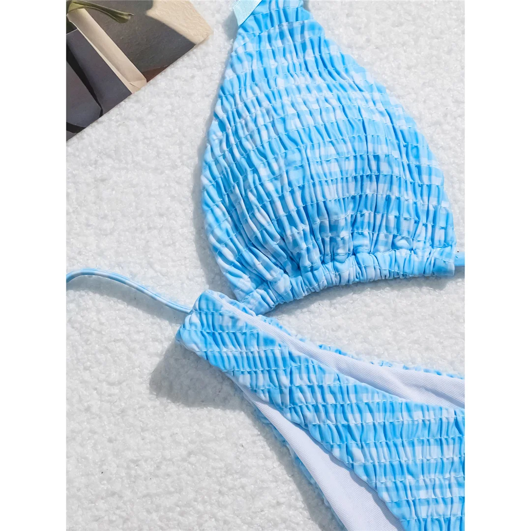Kariertes Neckholder-Bikini-Set mit Falten und Schleife, zweiteiliger Damen-Badeanzug, brasilianischer Badeanzug, Badebekleidung, Schwimmanzug V6512 – Detail 13