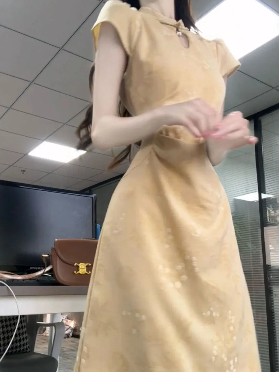 

New Chinese Style Gentle Wind Long Qipao Dress Summer Fashion Slim Fit High Waist Polyester Fiber Short Sleeve