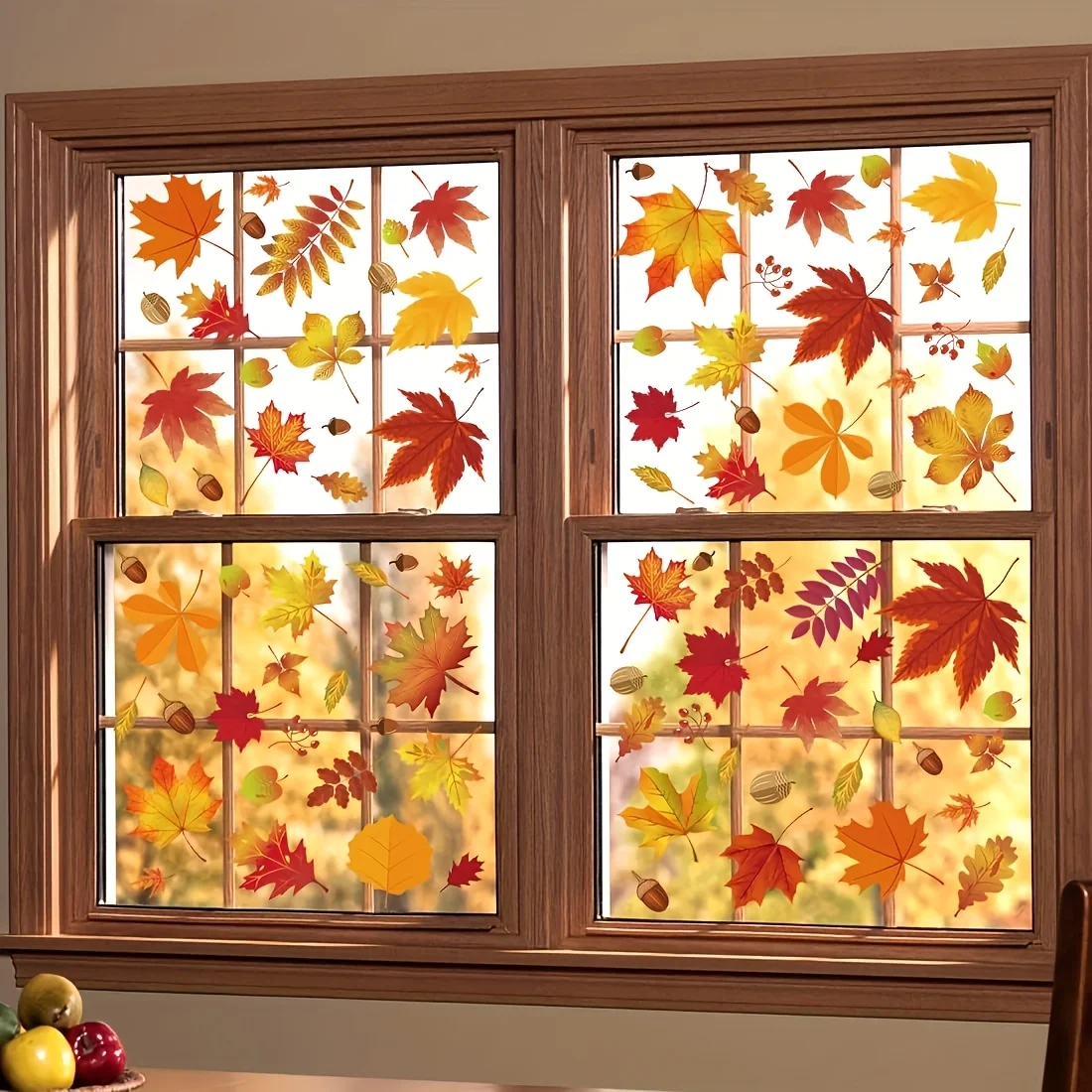 72 Stück Herbst-Ernte-Fensteraufkleber, Aufkleber mit Ahornblättern, Tannenzapfen und Herbstblättern in verschiedenen Farben (Rot, Gelb, Orange) – Detail 2