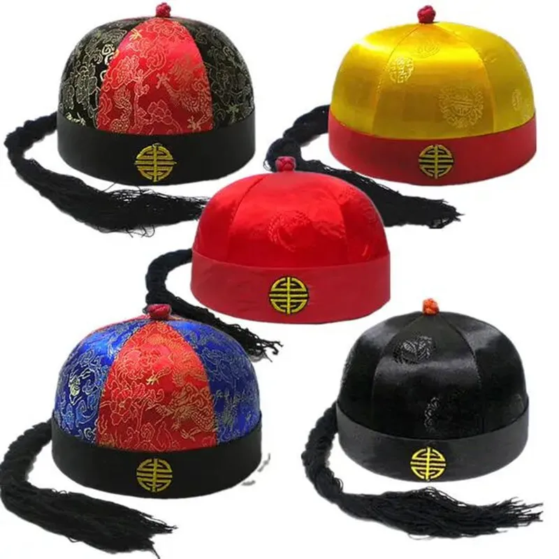 Hard Qing Dynasty Hat For Adults Emperor Landlord Skullcap Chinese Cap With Braid Funny Festival Hats New Year Halloween Party