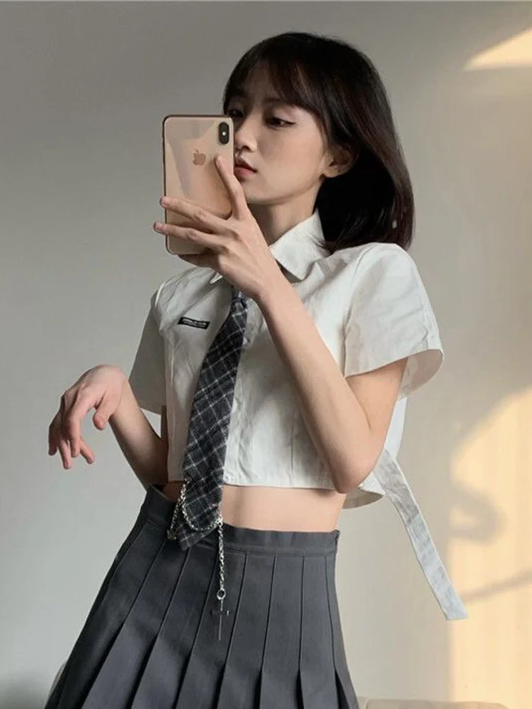 Zoki Jk Tie Sexy Cropped Shirt Women Design Preppy Style Cute Blouse Japan Casual Short Sleeve Fashion Letter Female Kawaii Tops