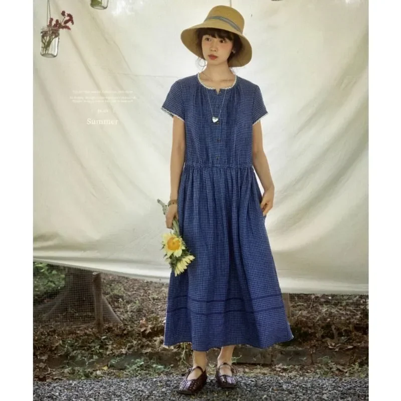 Damska sukienka maxi w kratkę z krótkim rękawem, falbankami, elastyczną talią, codzienna letnia sukienka w stylu boho.