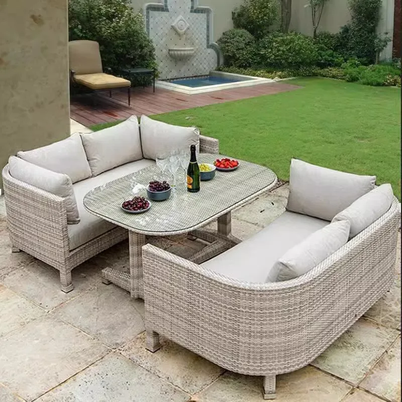 

Outdoor rattan sofa courtyard balcony waterproof sunscreen table and chairs garden terrace double sofa casual open-air rattan ch