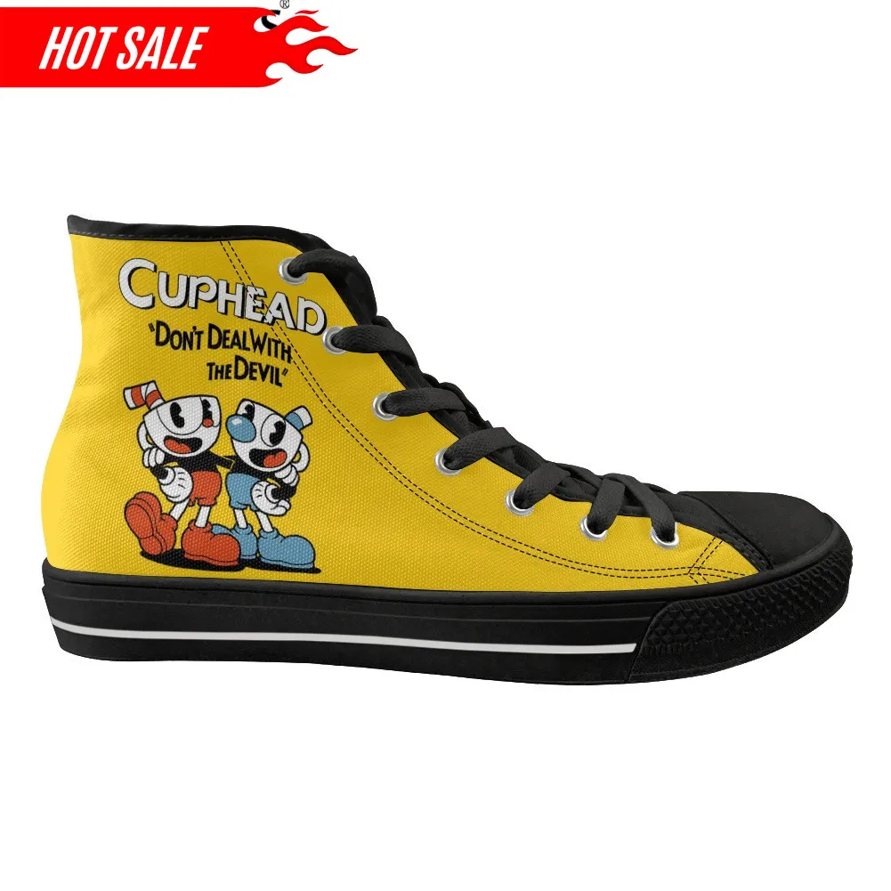 Game Cuphead Mugman Cartoon Pattern Casual Lace Up Sneakers for Men Boys High Top Canvas Footwear Vulcanized Shoes