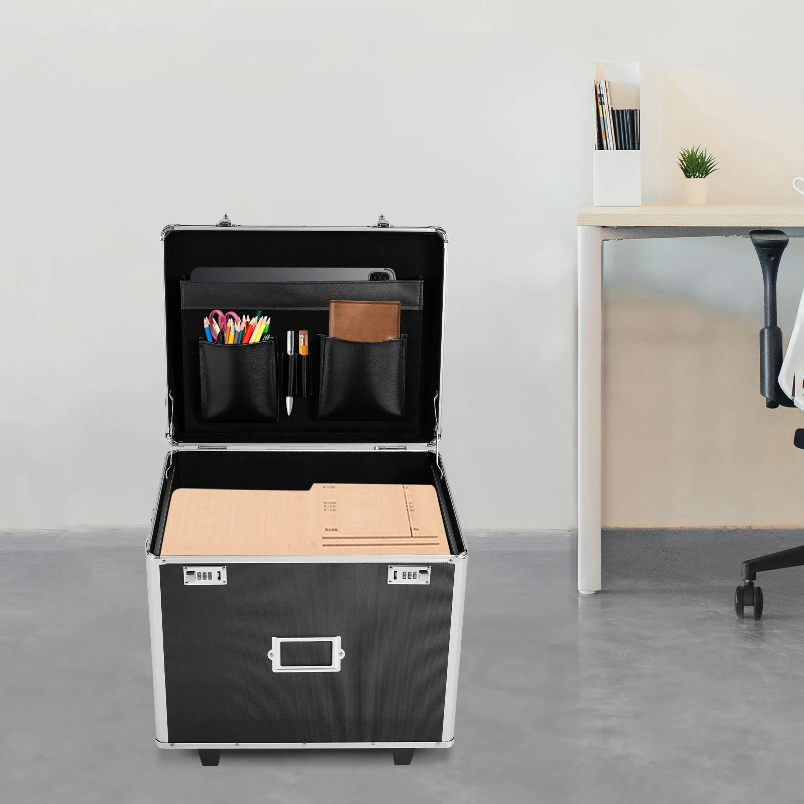 صندوق ملفات ألومنيوم أسود بمقبض تلسكوبي - محمول وأنيق