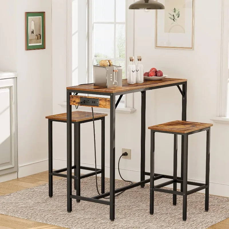 Bar Table Set with Power Outlet, 3-Piece Pub Table Set for Small Space, Kitchen Bar Height Table with Stools of 2, Rustic Brown