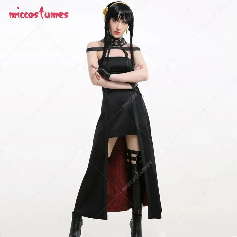 25COSMiccostumes Disfraz de Yor para mujer, vestido gótico halter negro con medias, accesorios para la cabeza, pendientes