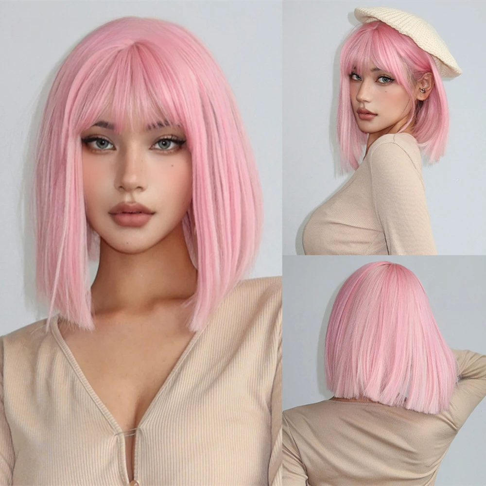 Korte Roze Met Pony Rechte Bob Pruik Synthetische Kleurrijke Cosplay Party Pruiken Voor Vrouwen