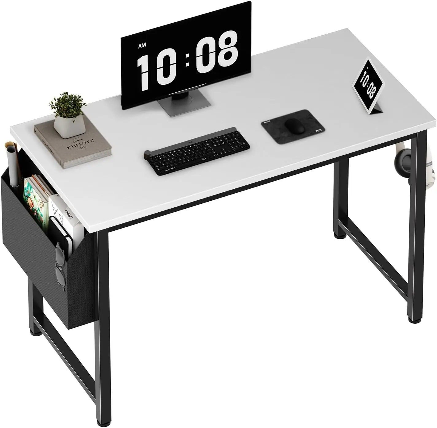 Computer desk, white writing desk, suitable for small space home office, 39 inch modern study, with storage bag hook