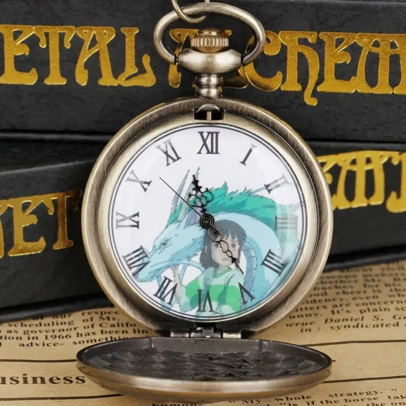 Anime Girl and the Flying Dragon Quartz Pocket Watch Color Dial Skeleton Fob Watches Friend Children Gift Clock Necklace Chain