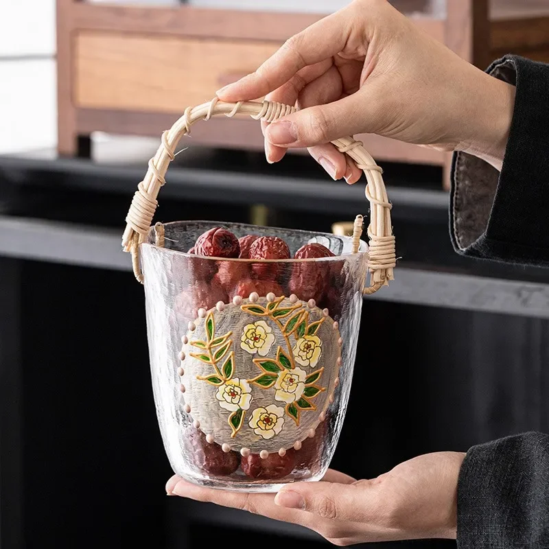 Rattan Woven Handle Glass Ice Bucket Hand Painted Flower Hammered Glass Beverage Cooler Fruit Storage Bucket Wine Chiller Basket