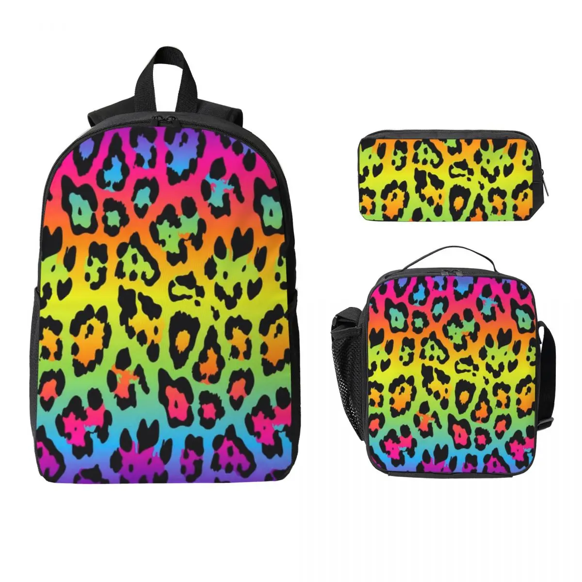 

Rainbow Leopard Print Backpack Student Boys Girls BookBag School Bag Laptop Shoulder Bags 3ps Insulated Lunch Bag Pencil Case