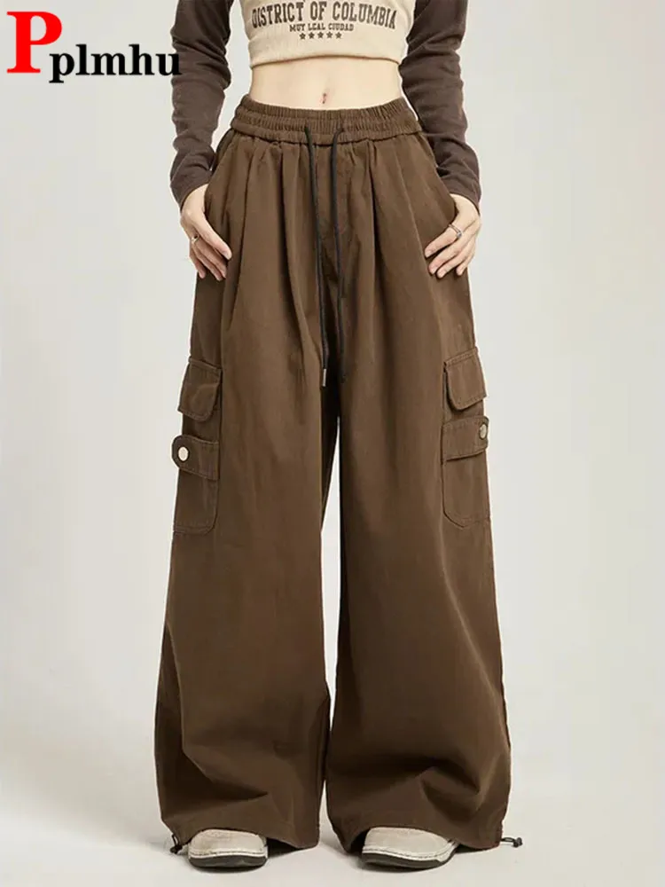 

2024 Chic Loose Elastic Waist Cargo Pants Women Lace Up Baggy Wide Leg Pantalones Spring Fall Casual Streetwear Straight Spodnie