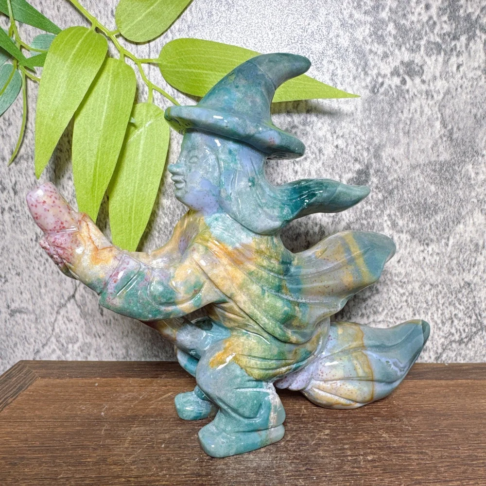 Hand-Carved Ocean Jasper Flying Witch Ornament Unique Feng Shui Traits for Home Decor And Energy Healing