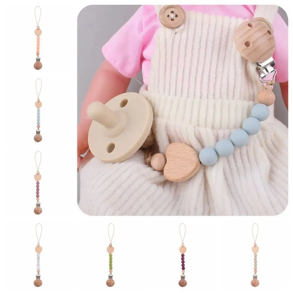 

Dummy Clips Pacifier Holder Clips Wooden Bead Love Heart Baby Pacifier Chain Nipple Holder Clips Soother Holder