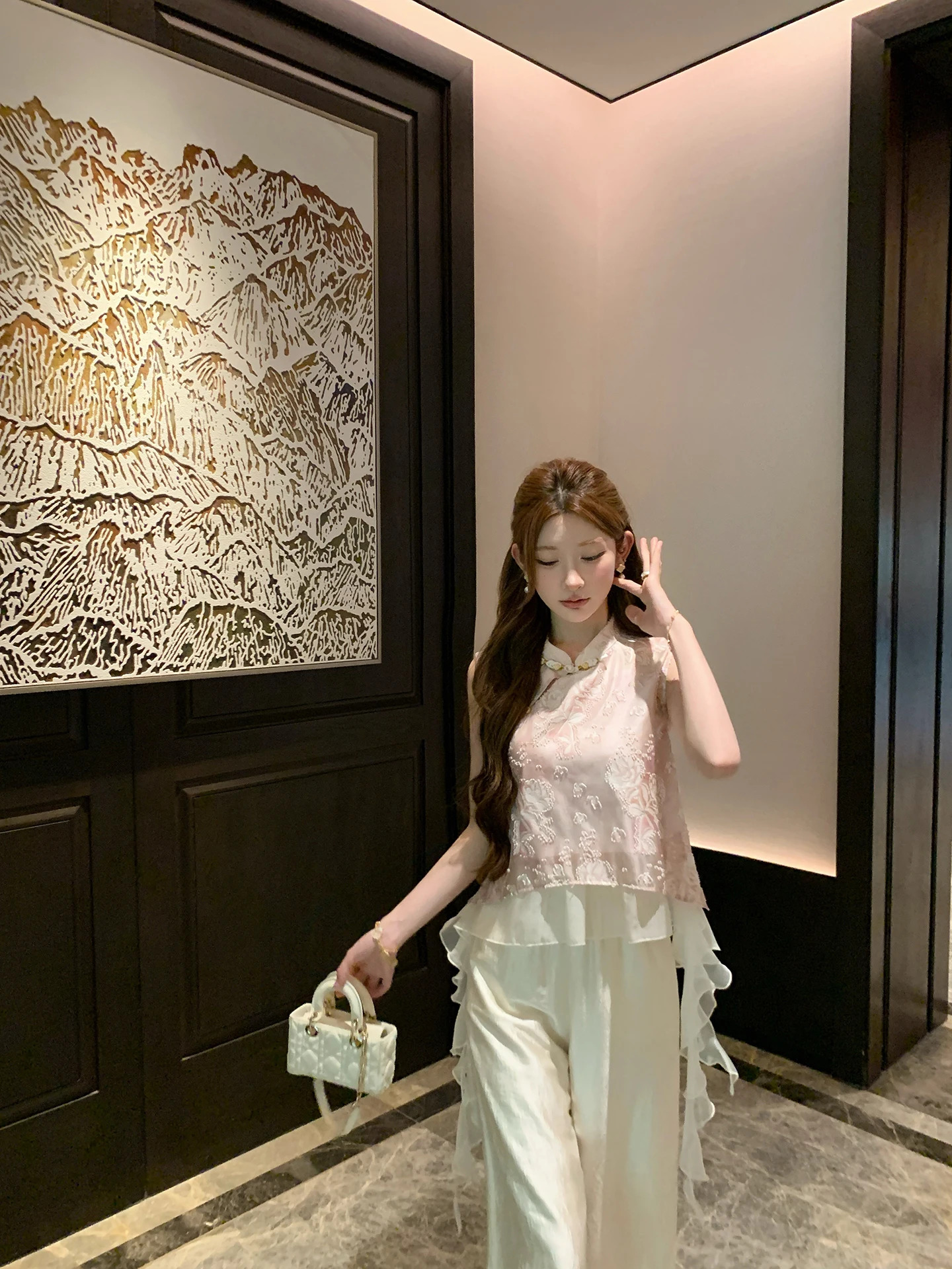 

New NMIOK Pink Heavy Relief Embroidery National Sle Women's Vest Summer Slimming Chinese Sle Top Quali Nylon Fabric