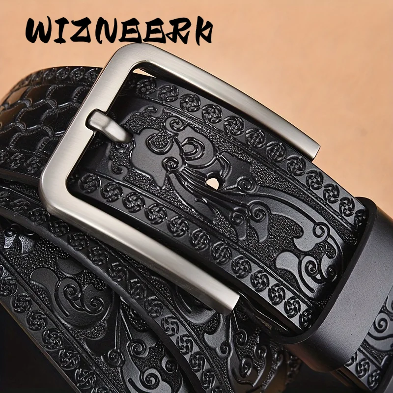 wizneerk-パーソナライズされた彫刻メンズベルト、ファッショナブルなビジネスレトロジーンズベルト、メンズ牛革ベルト