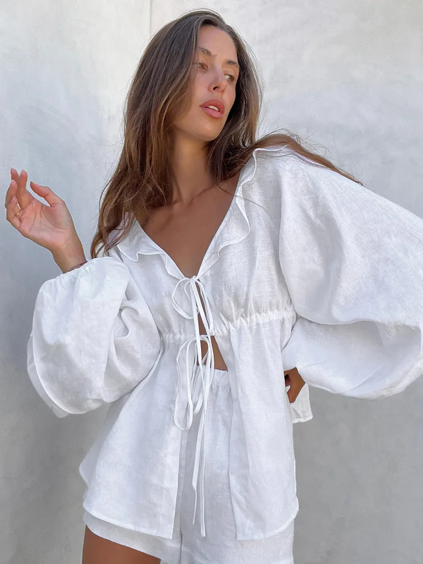 Cotton Linen Puff Sleeve Shirt and Shorts Suit Women White V-neck Ruffles Shirt High Waist Shorts Two Piece Set Women Summer New