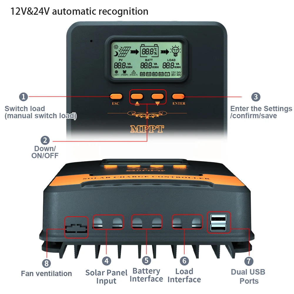 Imagem -05 - Auto Mppt Controlador de Carga Solar Inteligente pv Regulador Lítio Chumbo Ácido Carregador de Bateria 12v 24v 10a 20a 30a 40a 50a 60a