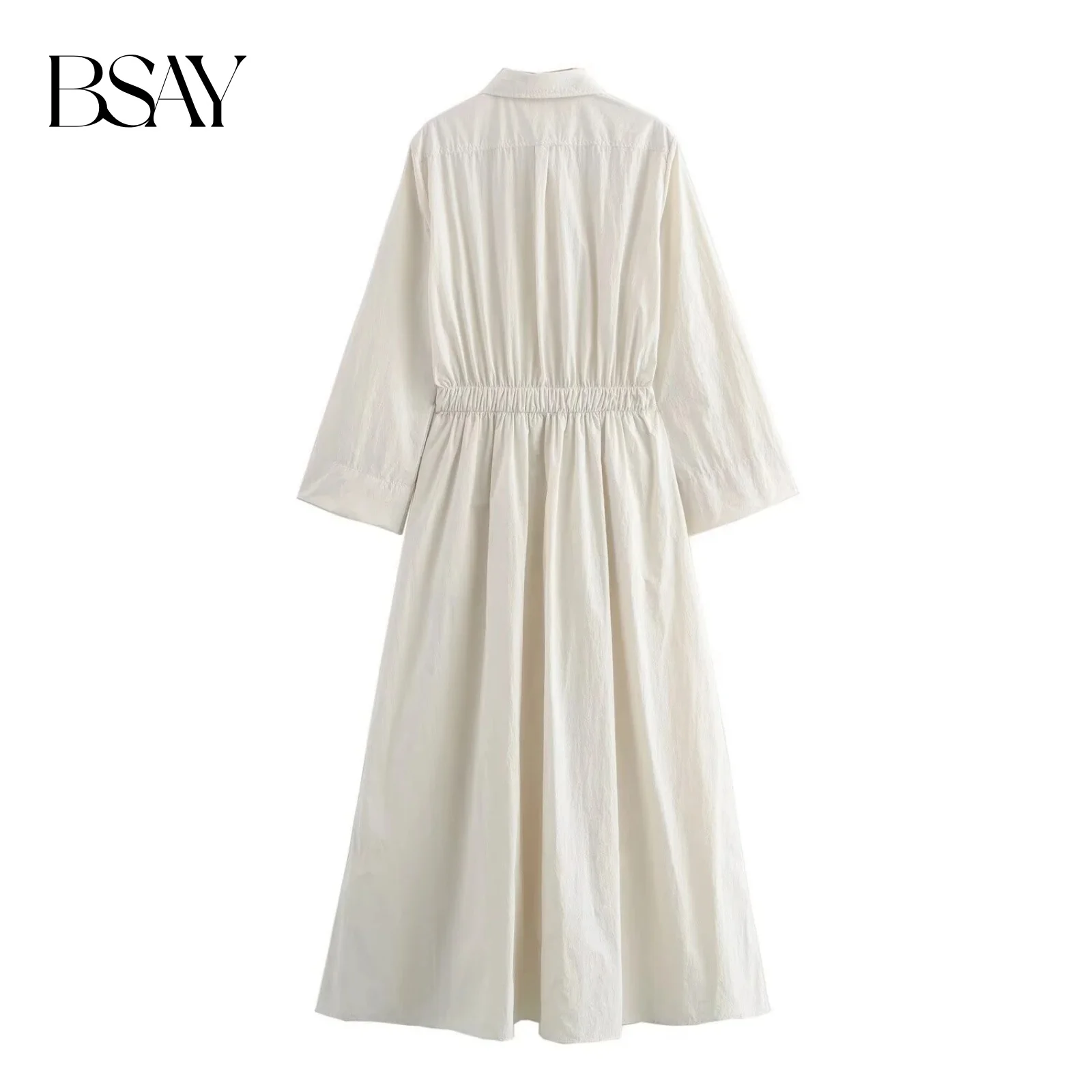 BSAY Damesmode Nieuwe Plooien Lange Mouwen Single Breasted Revers Vintage Shirt Stijl Jurk Frankrijk Chic Vrouwelijke Avond Mujer