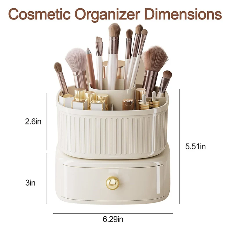 360° Rotating Makeup Brushes Holder with Drawer 5 Slot Makeup Brushes Lipstick Storage Box Desktop Cosmetics Tools Orangizer Box