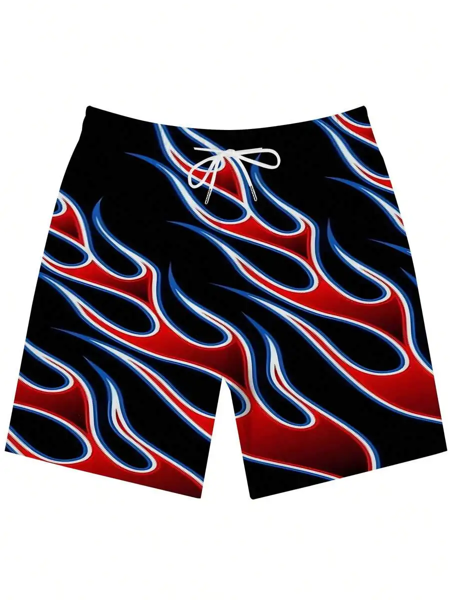 

Mens Beach Shorts With 3D Flame Print Summer Casual Swim Trunks