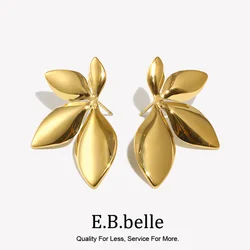 E.B.belle Smooth Flower and Leaf Earrings Tarnish Free 18K Gold Plated Gift 316L Stainless Steel Women's Earrings