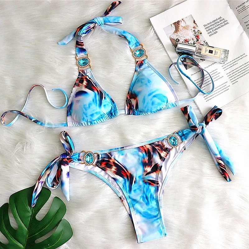 Print Sexy Bikinis Swimsuit With Rhinestones Women's Swimwear Female Push Up Bikini Beach Swim Wear Bathing Suits Bather 2025