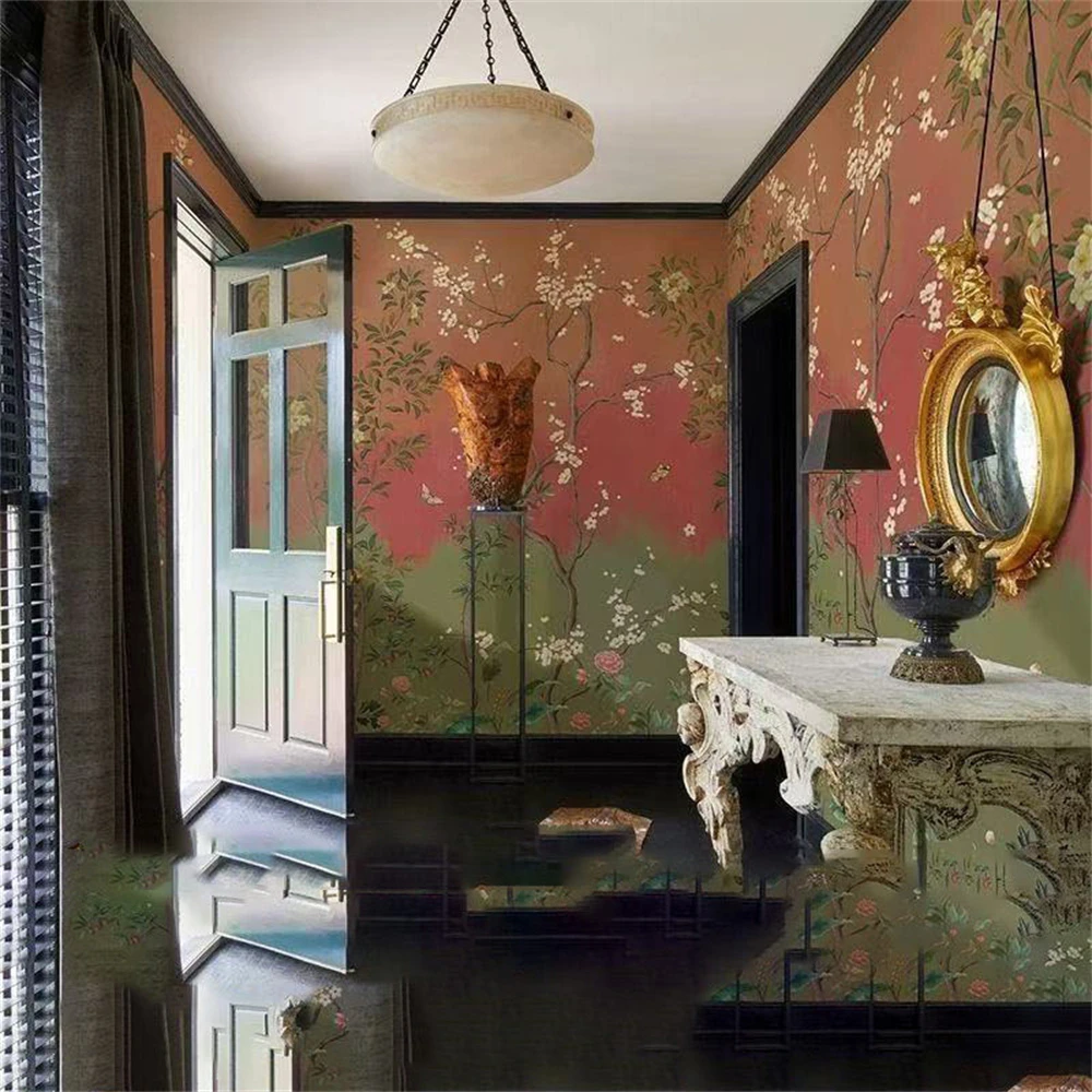 Custom American flower bird wall paper antique homestay bedroom French art wallpaper living room dining room art mural romantic