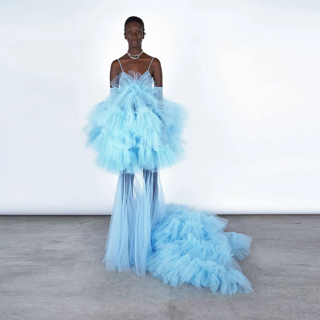 

Sexy See Thru Sky Blue Straight Long Gowns Ruffles Tiered Long Tulle Robe Ruched Women Maxi Dresses Summer Female Dress