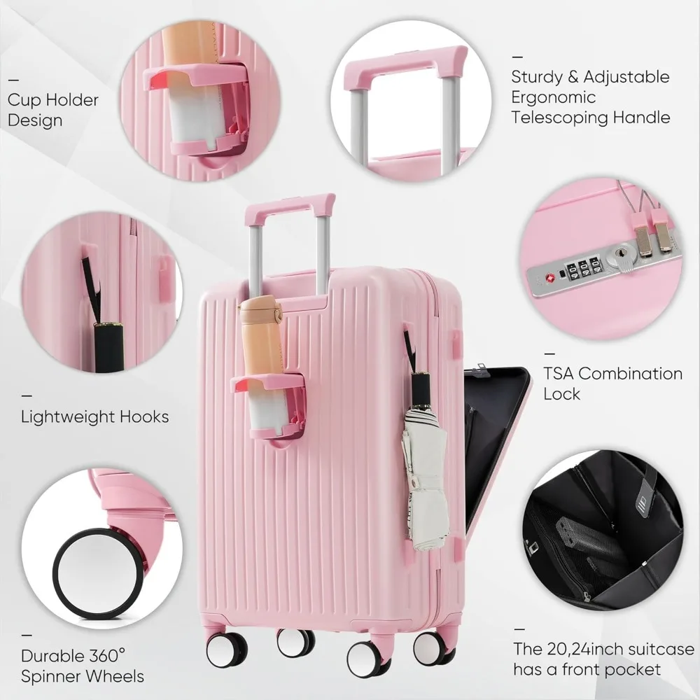 3-piece luggage set with spinner wheels, hard shell, lightweight, tsa lock, usb port, cup holder, 20" or 24" with front opening