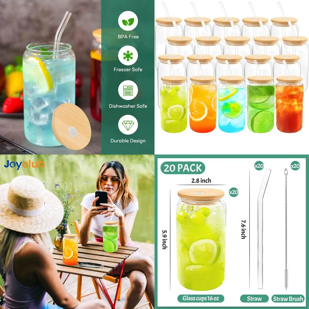 

Набор из 20 стеклянных чашек с бамбуковыми крышками, многоразовые стаканы для кофе со льдом на 16 унций с соломинкой для напитков и коктейлей.