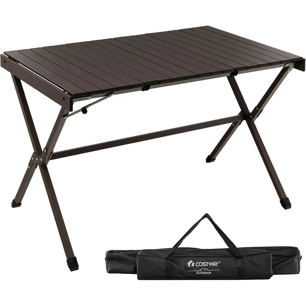 

Compact Roll-Up Picnic Table, 28 x 43 for 4-6 People, Durable X-Frame Design with Carry Bag (Brown)