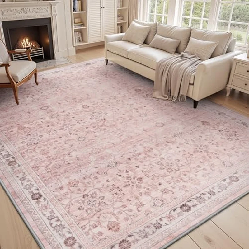 

Pink Living Room Carpet Plant Flower Carpets Machine Washable Non-slip Rug Home Decoration Rugs for Bedroom Bedside Floor Mat