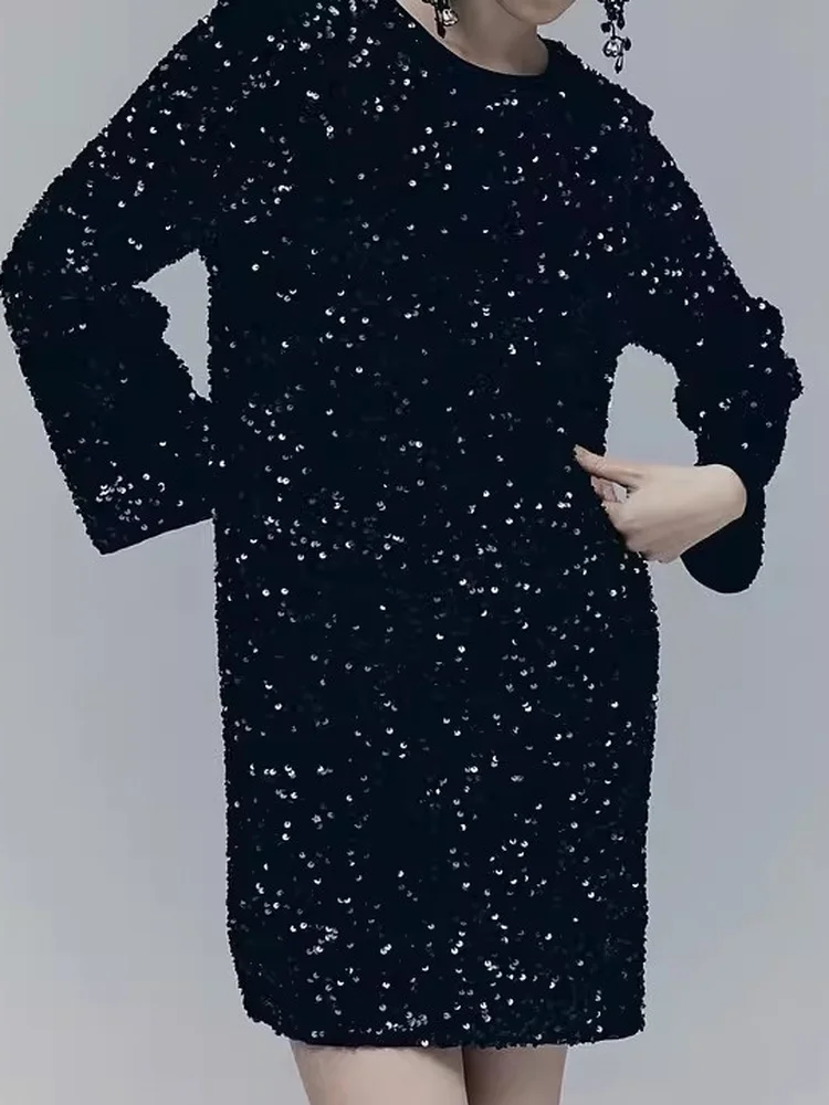 Elegant Shiny Sequin Long Sleeve round Neck Club Stage Style Dress Women's Fashionable Trendy Flashing Dress Casual H-Shape