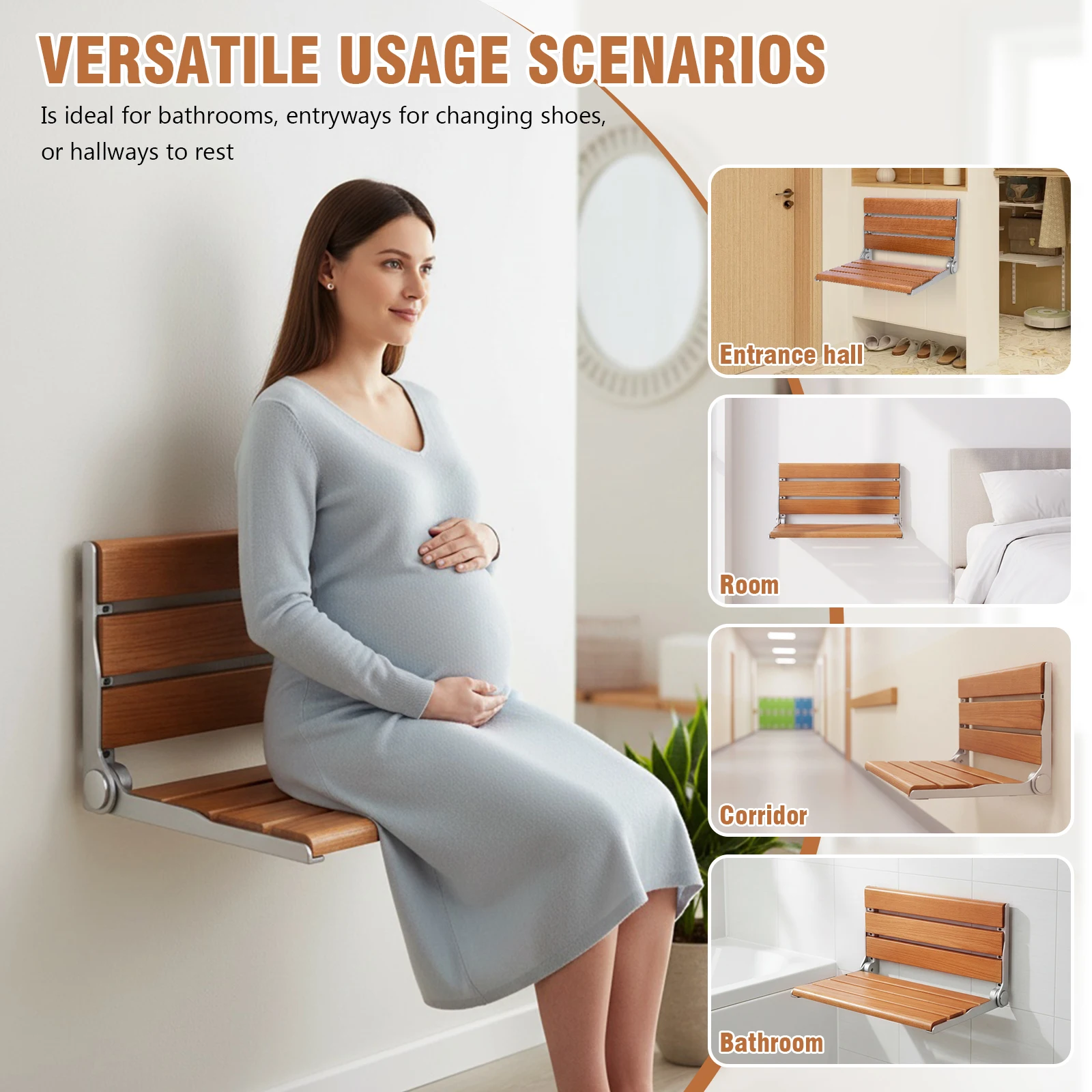 17.7inch Wall-Mounted Folding Shower Seat with Back Fold Up Bathroom Stool Chair Anti-Slip for Elderly Disabled Adults