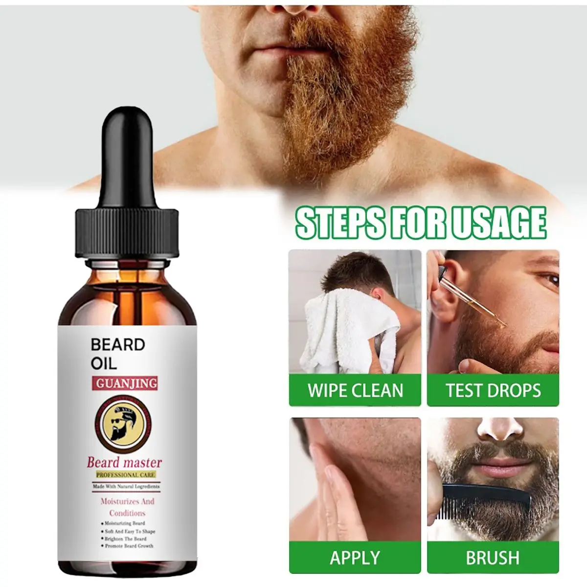 Huile de Croissance de Barbe pour Homme, Absorption Rapide, Hydrate, Efficace, Sérum Rehausseur de Barbe, Traitement Naturel de la Plante, 60ml