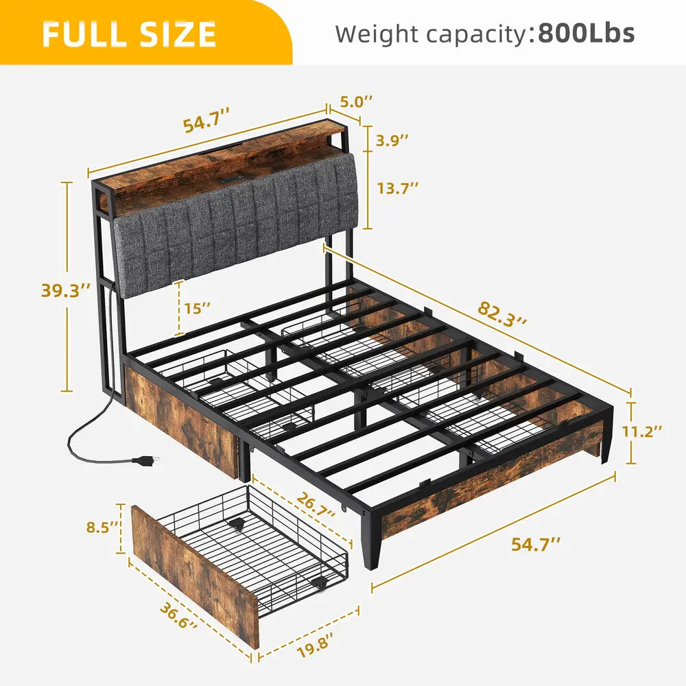 Bed Frame Metal Platform Bed with Storage Drawers Headboard USB Ports