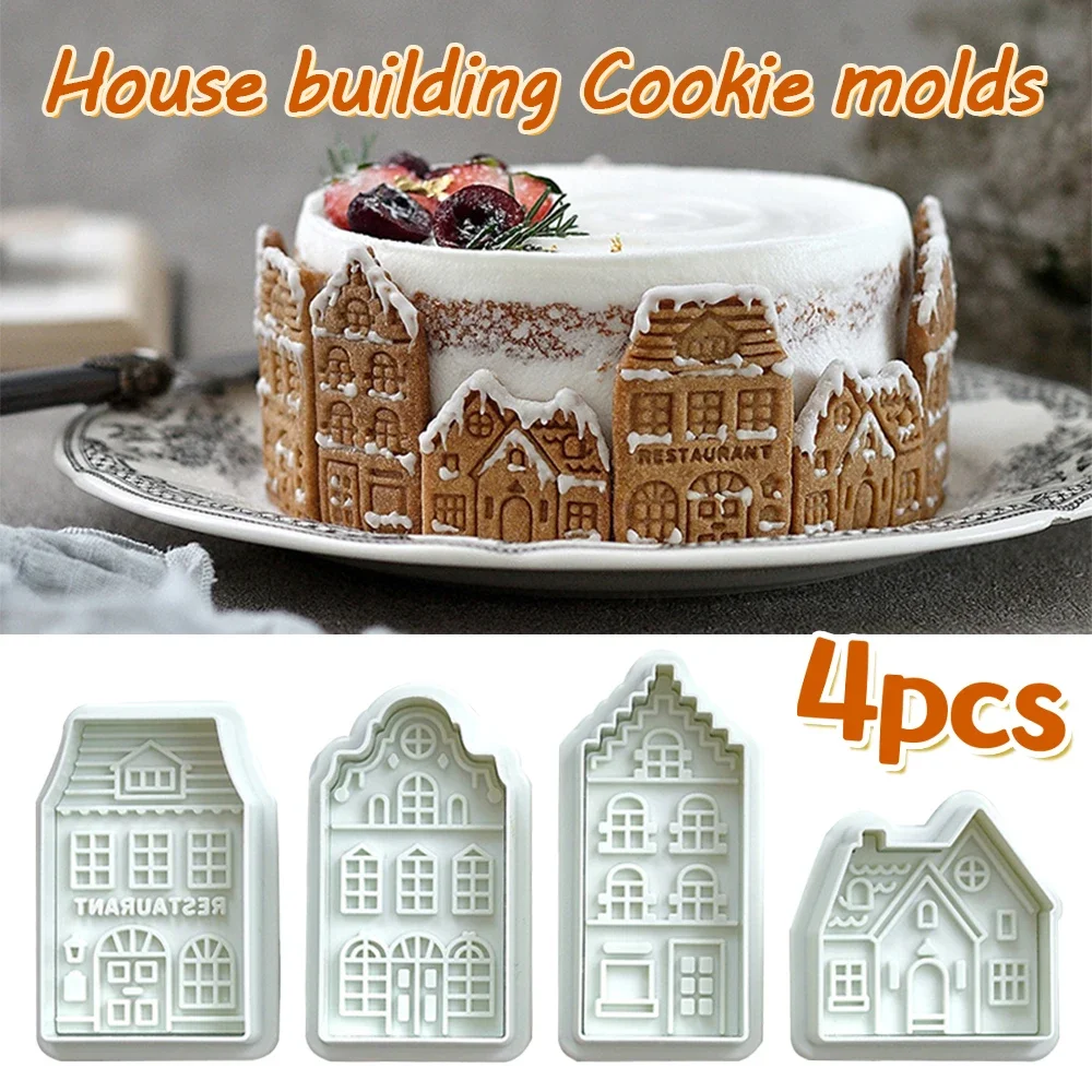 4Pcs 3D Christmas Cookie Cutters Biscuit Mold Gingerbread House Cookie Mould Stamp Xmas New Year Party Decoration Baking Tools