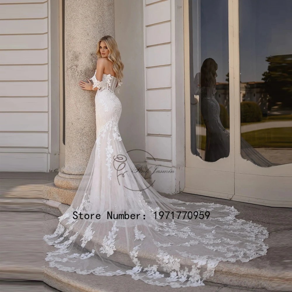 Gorgeous Boat Neck Wedding Dresses Mermaid Applique Elegant Soft Tulle A-Line Zipper Back Court Train Bridal Gowns Custom Made