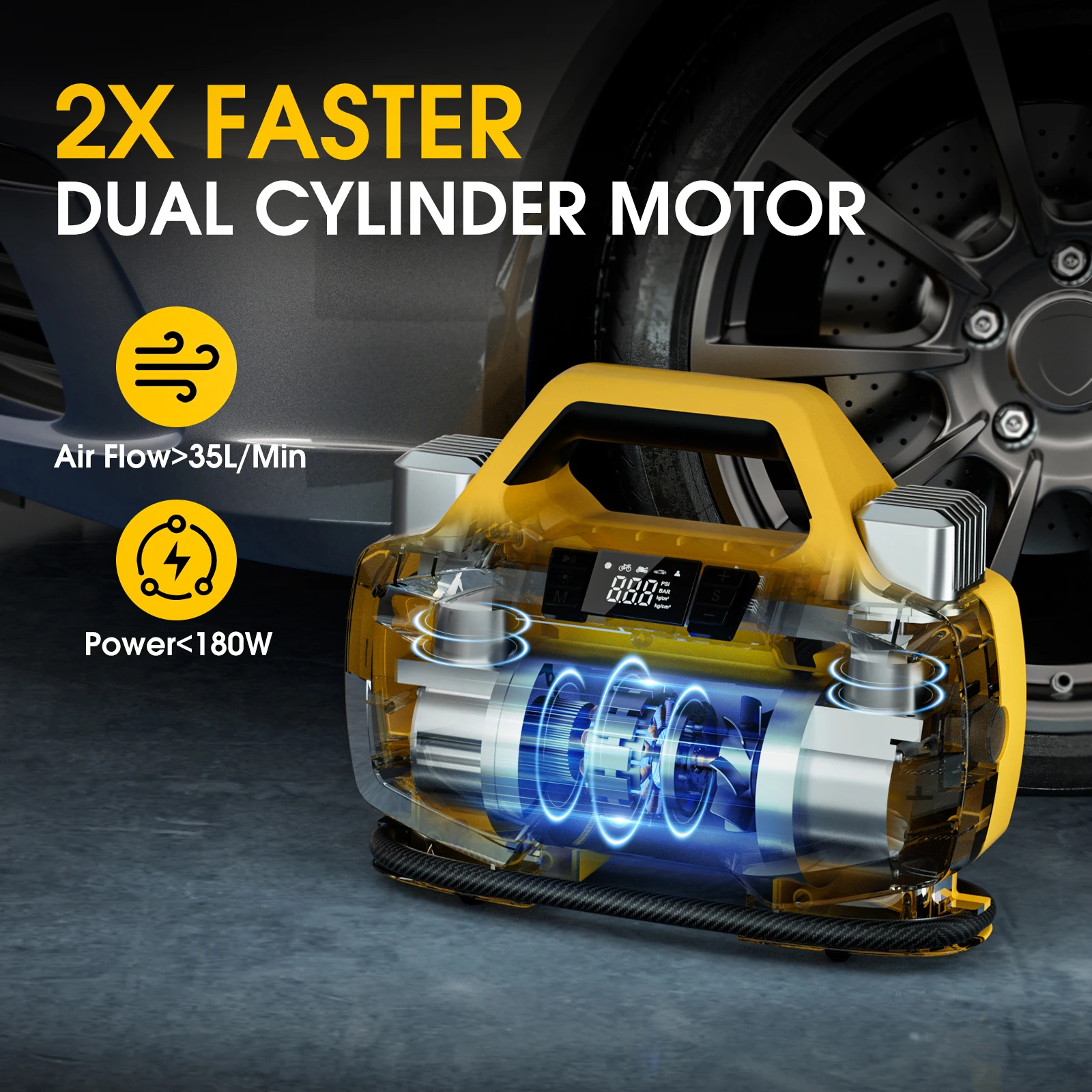 CARSUN T2600 30mm Dual Cylinder Portable Tire Inflator Air Compressor 12V DC Pump Quick for Car SUV RV Truck Motorcycle Inflate