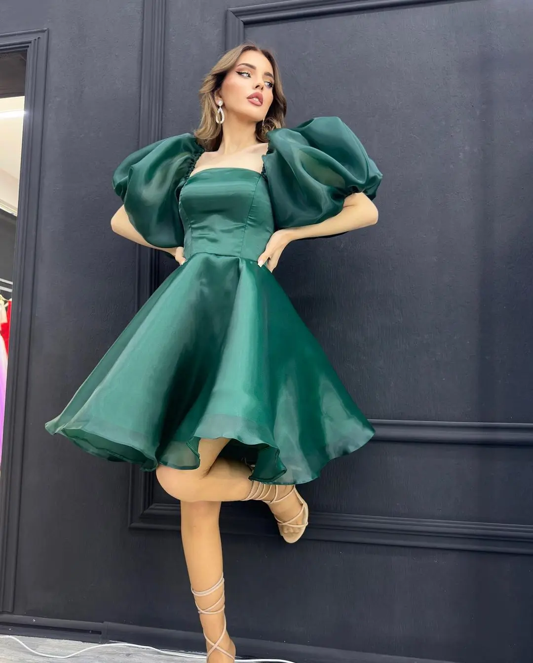 Sapmae Square Neckline Tulle Half Sleeve A-line Taffeta Knee-length Green Elegant Prom Formal Evenning Party Dress For Women