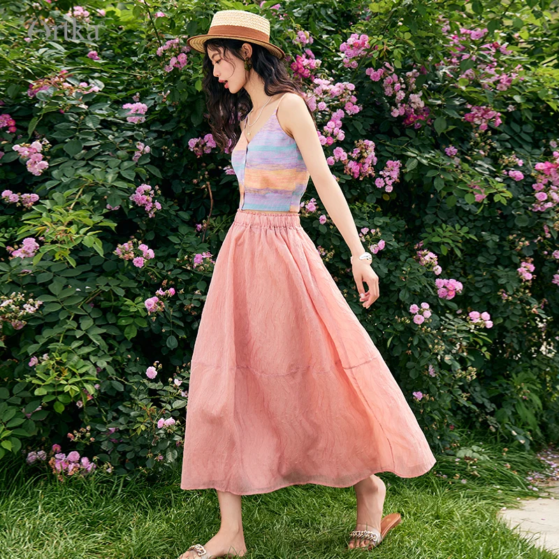 ARTKA 2023 Summer New Women Skirt Elegant Gentle Elastic High Waist A-Line Skirts Pink Long Bouffant Skirt Female QA92130X